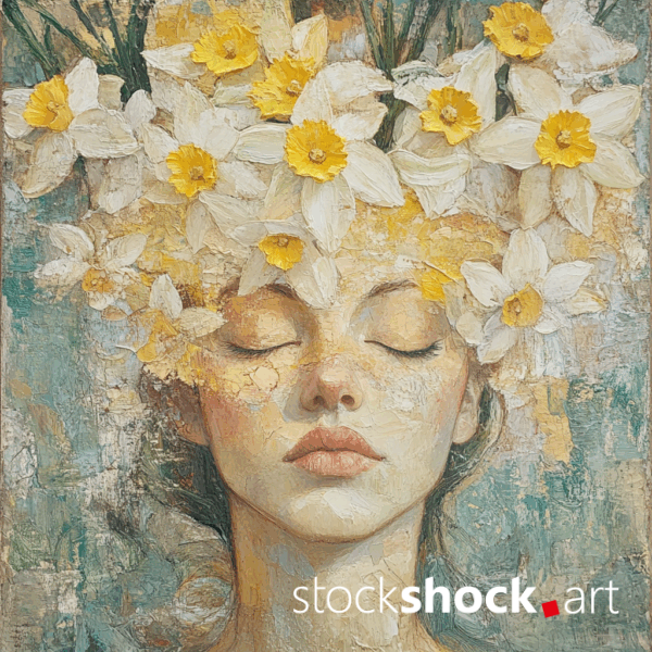 Woman in Daffodils AI-generated image inspired by Gustav Klimt. Beautiful yellow flowers combined with a green background